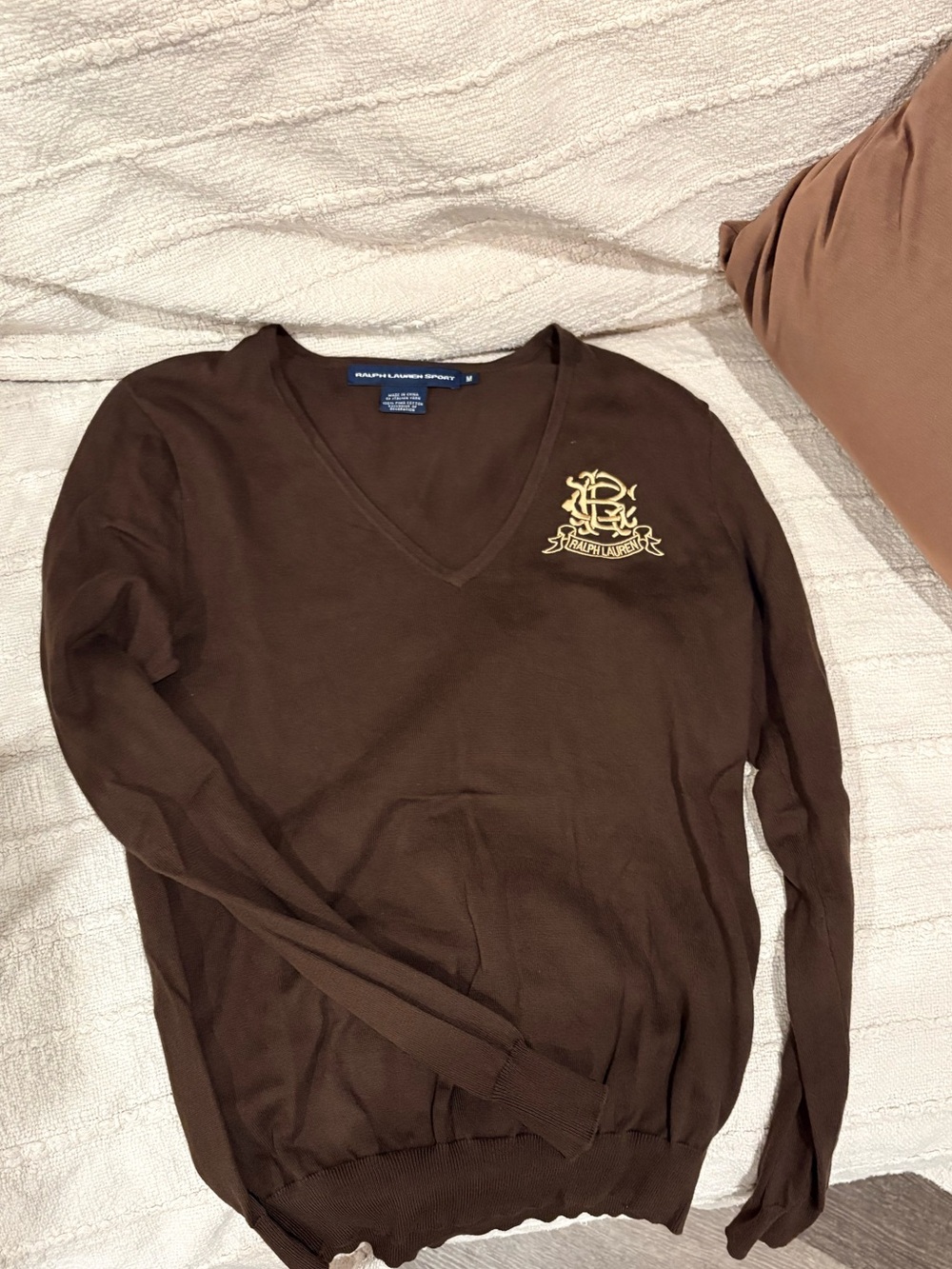 Ralph Lauren Sport Chocolate Brown V-Neck Sweater Gold Crest Medium - Picture 8 of 8
